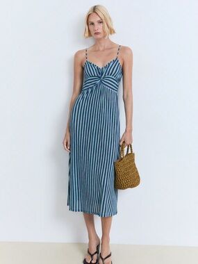 Coastal MANGO Striped Gathered Midi Dress Blue 8 NWT